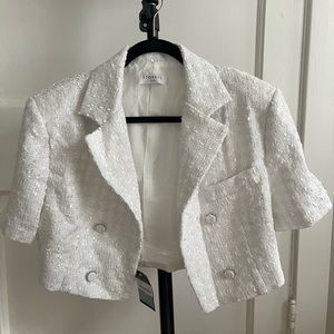White tweed button cropped blouse